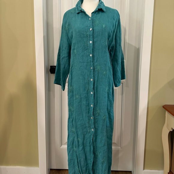 Made In Italy Dresses & Skirts - Teal Button-Up Linen Maxi Shirt Dress XL